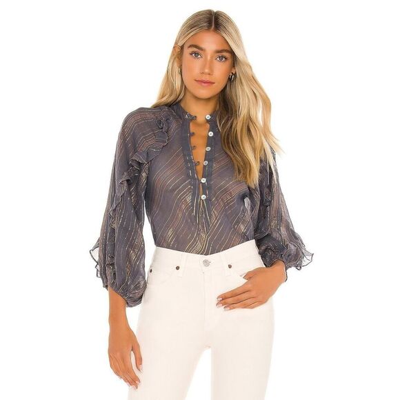 Jen's Pirate Booty blue striped button down shimmer Troubadour Top XS - Picture 1 of 8